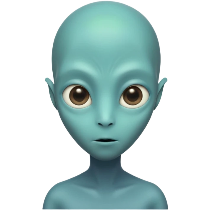 Portrait of an alien with smooth greenish-blue skin, large black oval eyes, small nose, and no visible ears, elongated head, front-facing, wearing brown t-shirt, soft glow, simple futuristic design emoji