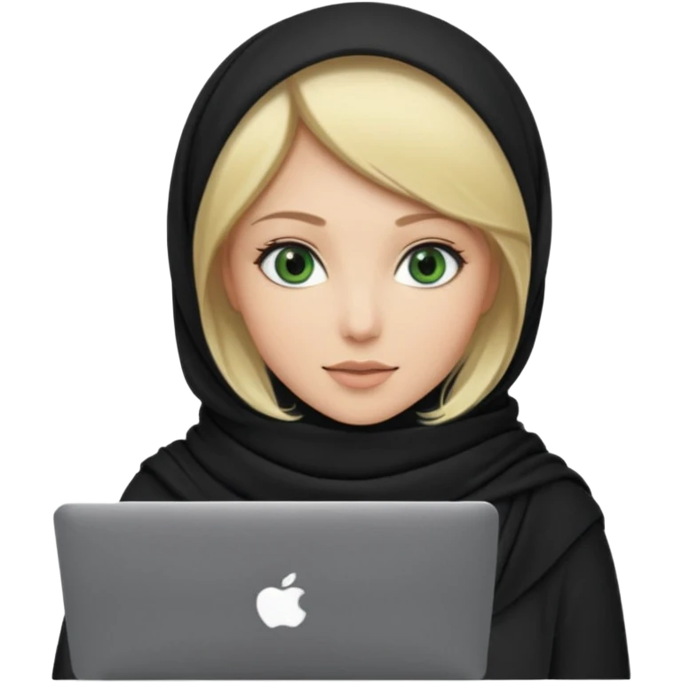 blond women skine , with green eyes , with black scarf hijab ,without hair, with macbook emoji