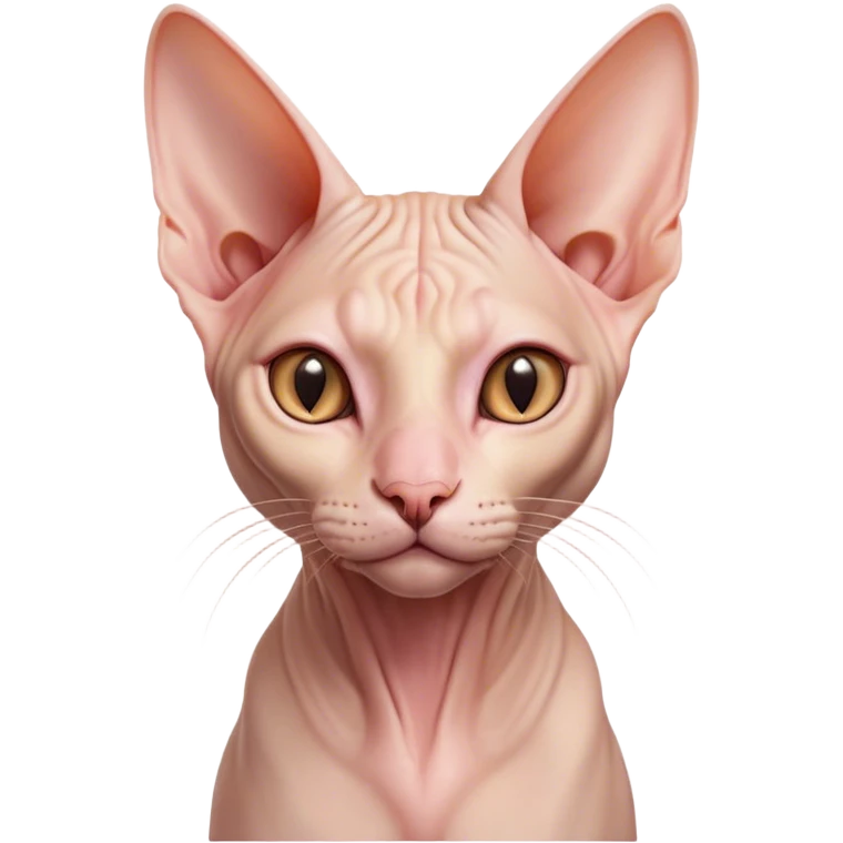 Cinematic Noble Sphynx Cat Portrait Emoji, Poised and regal, with smooth, hairless skin in warm peach and soft pink tones, striking large ears and intense almond-shaped eyes, Simplified yet sharp and sophisticated features, highly detailed, glowing with a soft, dignified glow, high shine, intelligent and graceful, stylized with an air of elegance, focused and attentive, soft glowing outline, capturing the essence of a watchful and refined feline, so majestic it feels as though it could glide across the screen with effortless confidence! emoji