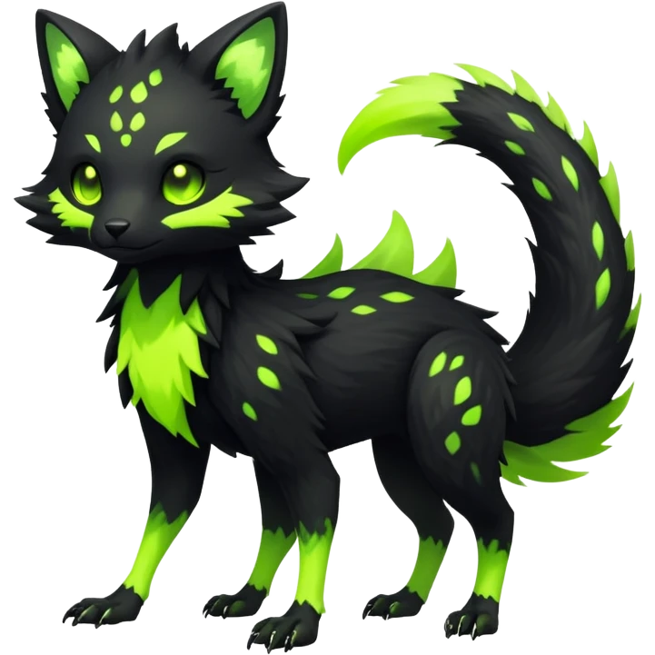 Rare realistic black edgy toxic radioactive-themed black fur with neon-lime-green-glowing  epic handsome gorgeous aesthetic vibrant Vernid-Trico-species-Fakemon-creature by LiLaiRa, 4 legs, 1 tail, random markings, (full body) emoji