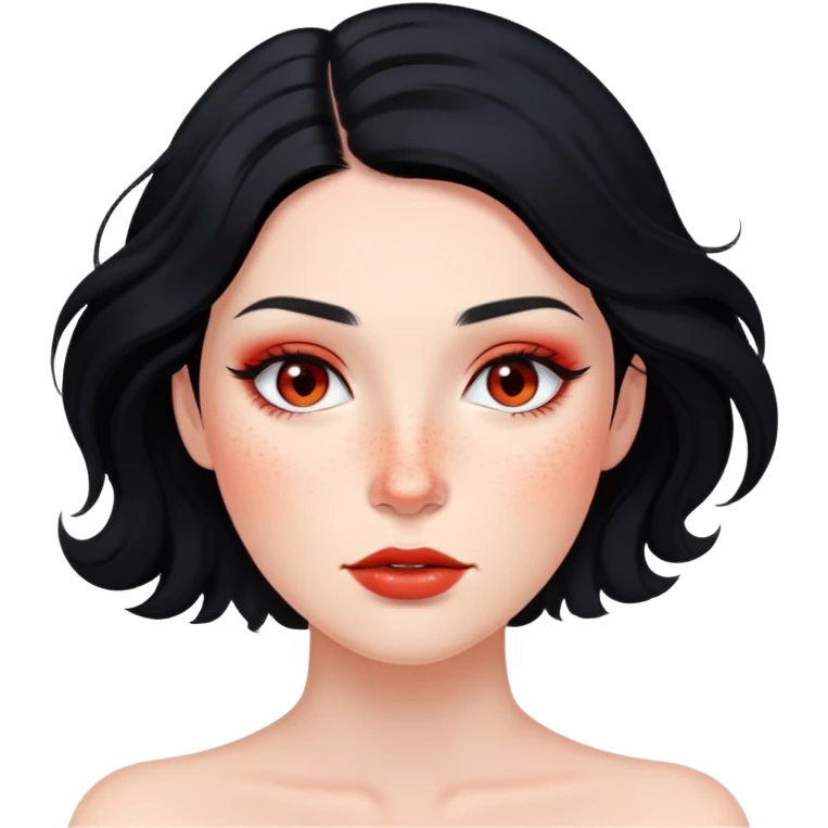 woman with flowing black hair, natural makeup, and prominent red freckles on face emoji
