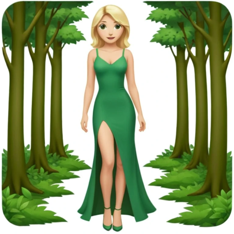 Queen, crown, blonde hair, green eyes, long green tight dress, decoltee,  Leg slit, whole Body, Background forest  emoji