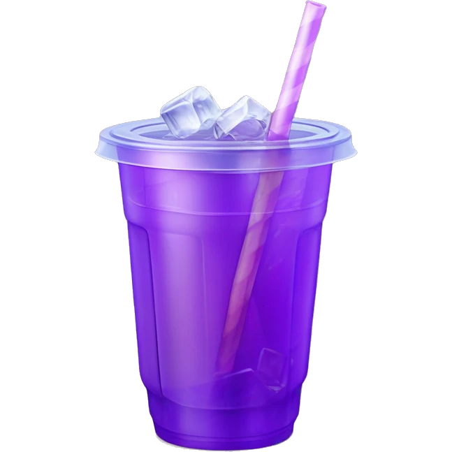 Realistic plastic cup and lid with Transluscent purple soda and large ice cubes inside and one straw through the top of the lid. emoji