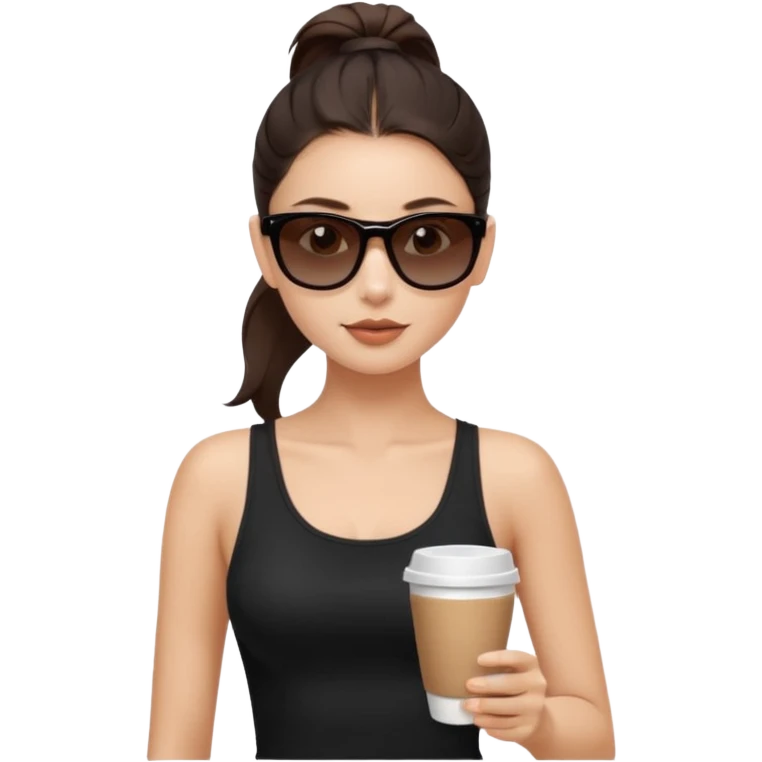 generate a pretty fair bratz girl with dark brown eyes, dark brown eyes tied into a slick back ponytail, thin brown sunglasses. Wearing a black cami top and drinking coffee, high cheekbones emoji