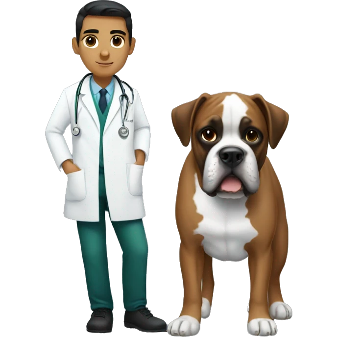 Young Mexican doctor with big black boxer dog with white face emoji