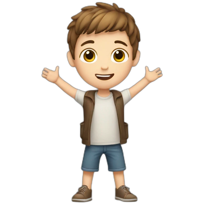 young boy raising his both arms, white skin, brown hair emoji
