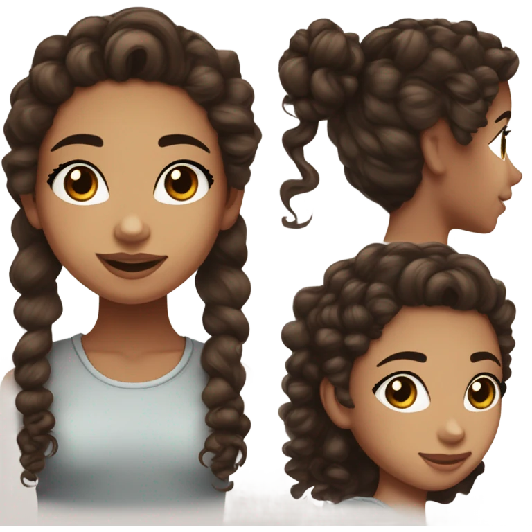 A teenage girl with curly cocoa brown hair, half up half down. She has light freckles and a nose piercing, she is wearing eyeliner and has long pretty eyelashes, she has round dark brown eyes emoji