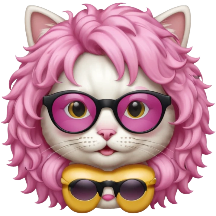 White cat wearing pink curly wig, black sunglasses emoji
