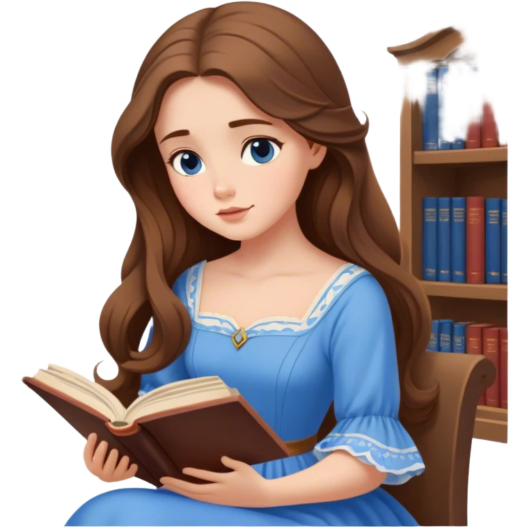 Cinematic Elegant Belle Portrait Emoji, Sitting with an open book, eyes dreamy with thought, her iconic blue village dress draped gracefully, exuding intelligence, kindness, and timeless charm! emoji
