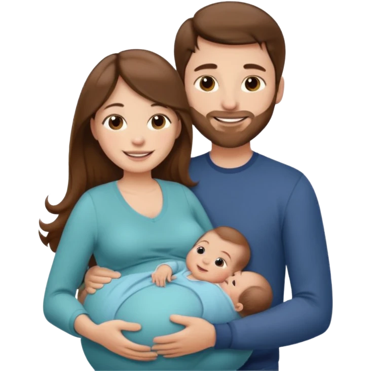 "Pregnant woman with long brown hair and fair skin and man with short brown hair and fair skin (without a mustache) holding baby  smiling."
 emoji