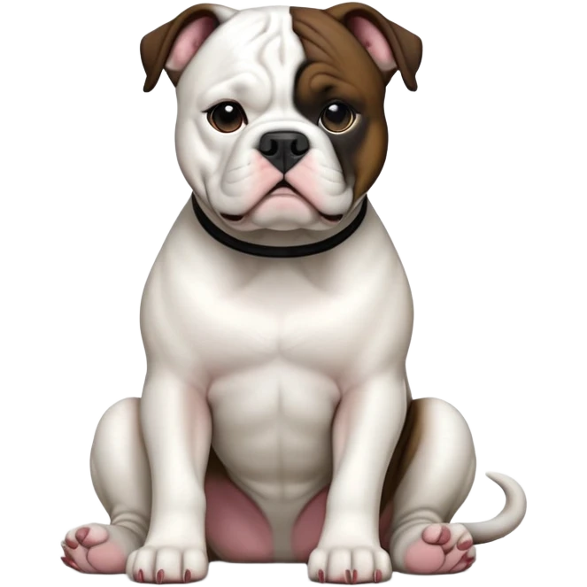 cinematic-[american bulldog]-realistic-full-body-sitting-emoji,-tail-resting-loosely-beside-its-paws,-head-tilted-dramatically,-sleek-[pied black]-fur,-simplified-yet-realistic-focused-features,-highly-detailed,-glowing-with-an-almost-sarcastic-glow emoji