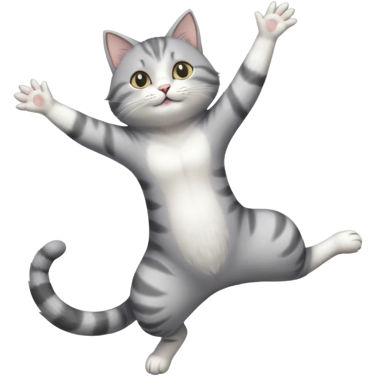 grey and white cat doing a big long stretch reaching up into the air with arms and legs together emoji