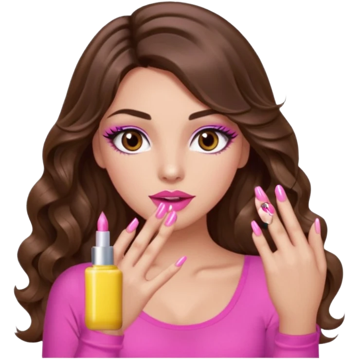 girl with long wavy brown hair, brown eyes, light to medium complexion, in a pink sexy top, pink lips, long lashes, puckered lips, showing my manicure emoji