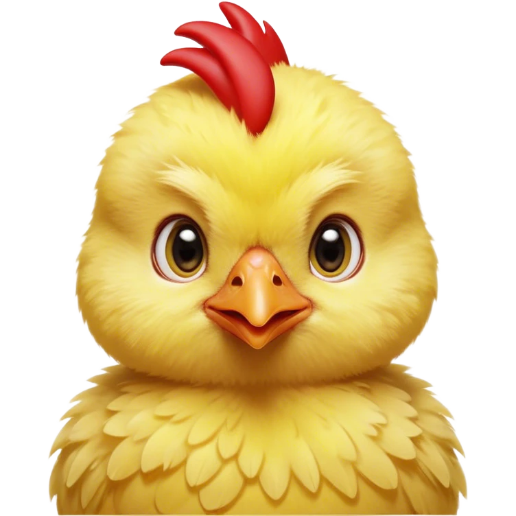 Cinematic Cute Yellow Baby Chicken Portrait Emoji, Head tilted playfully and inquisitively, featuring a fluffy, vibrant yellow downy coat with a tiny red comb, round, sparkling beady eyes filled with curiosity, Simplified yet irresistibly adorable features, highly detailed, glowing with a warm, friendly glow, high shine, affectionate and lively, stylized with a touch of playful whimsy, bright and endearing, soft glowing outline, capturing the essence of a mischievous yet loving chick, so playful it feels like it could peep out of the screen and into your arms! emoji