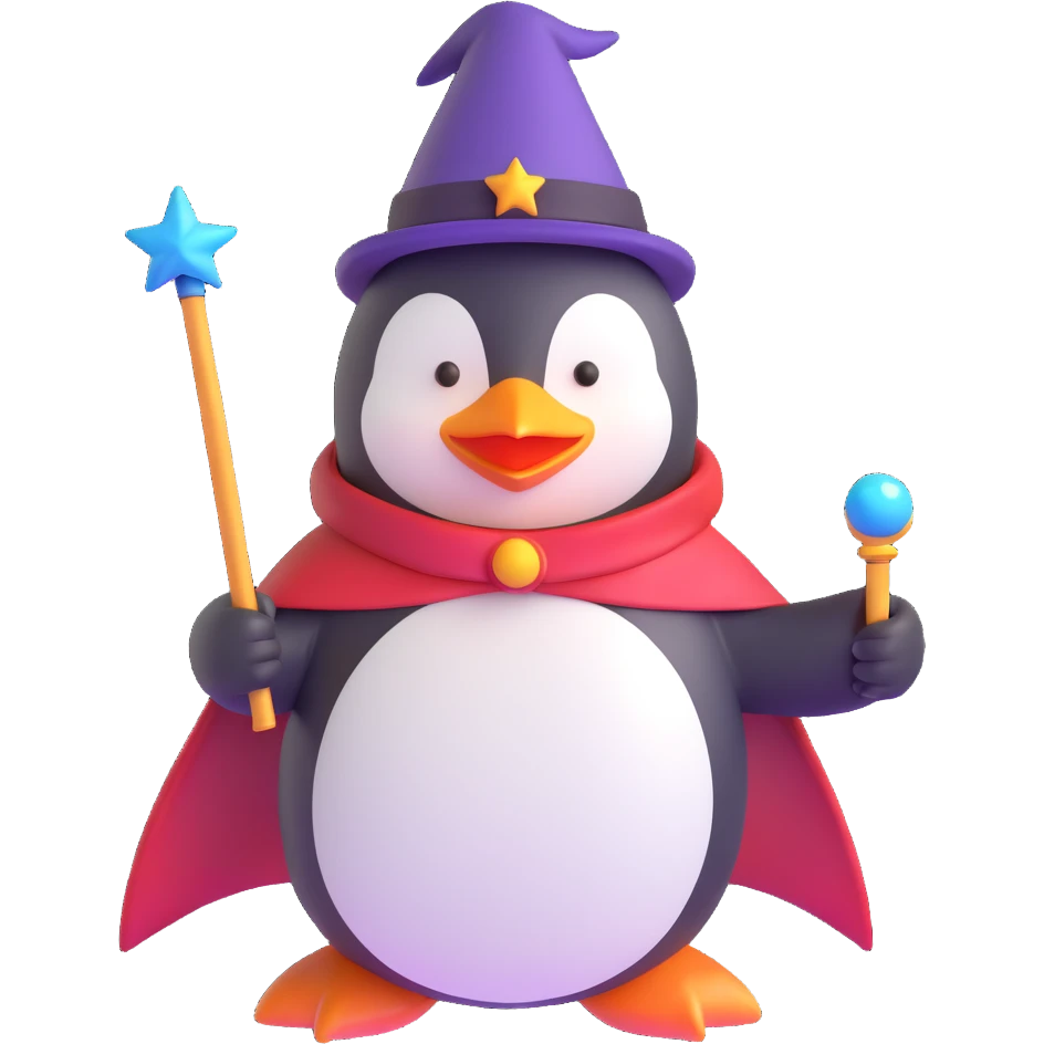 A penguin dressed as a wizard, holding a magic wand, with a pointy hat and a cape emoji