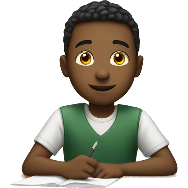 boy is sitting at school desk, hand is raised emoji