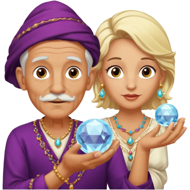 Elderly male cleanshaven gypsy with earrings and blonde female gypsy holding a crystal ball emoji