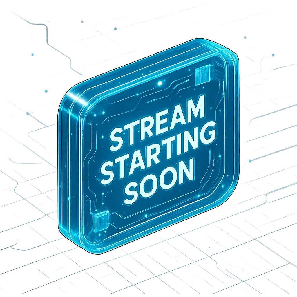 loopable Twitch stream background with large centered 'Stream Starting Soon' text, techy and modern style, glowing blue and cyan lines, digital grids, circuit-like elements, cool energetic high-tech vibe emoji
