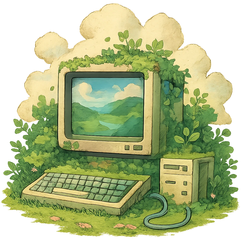 digitalization blending nature and technology in ghibli style emoji