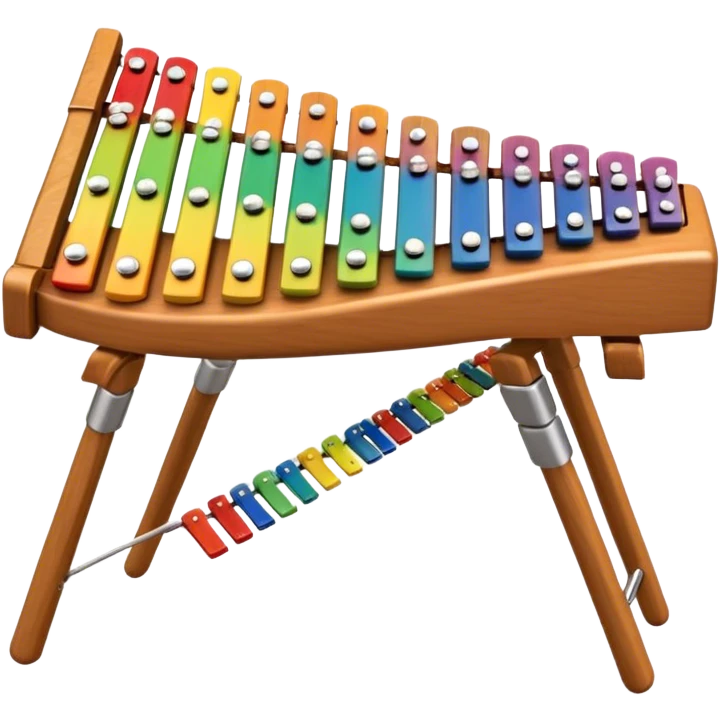 Create a vibrant and detailed emoji representing a professional wood xylophone. The design should feature the sleek wooden keys of the xylophone, arranged neatly on the frame, with metal bars clearly visible. Add the mallets placed beside the instrument or in motion, highlighting their soft rubber heads. Use warm, natural wood tones for the keys, with subtle metallic accents to reflect the professional quality of the instrument. Add small musical notes or soundwaves around the xylophone to evoke its bright, percussive sound. The background should be transparent. emoji