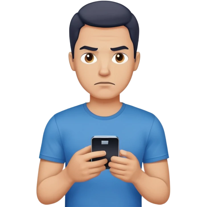 a brooding guy in a blue T-shirt holding a cell phone emoji