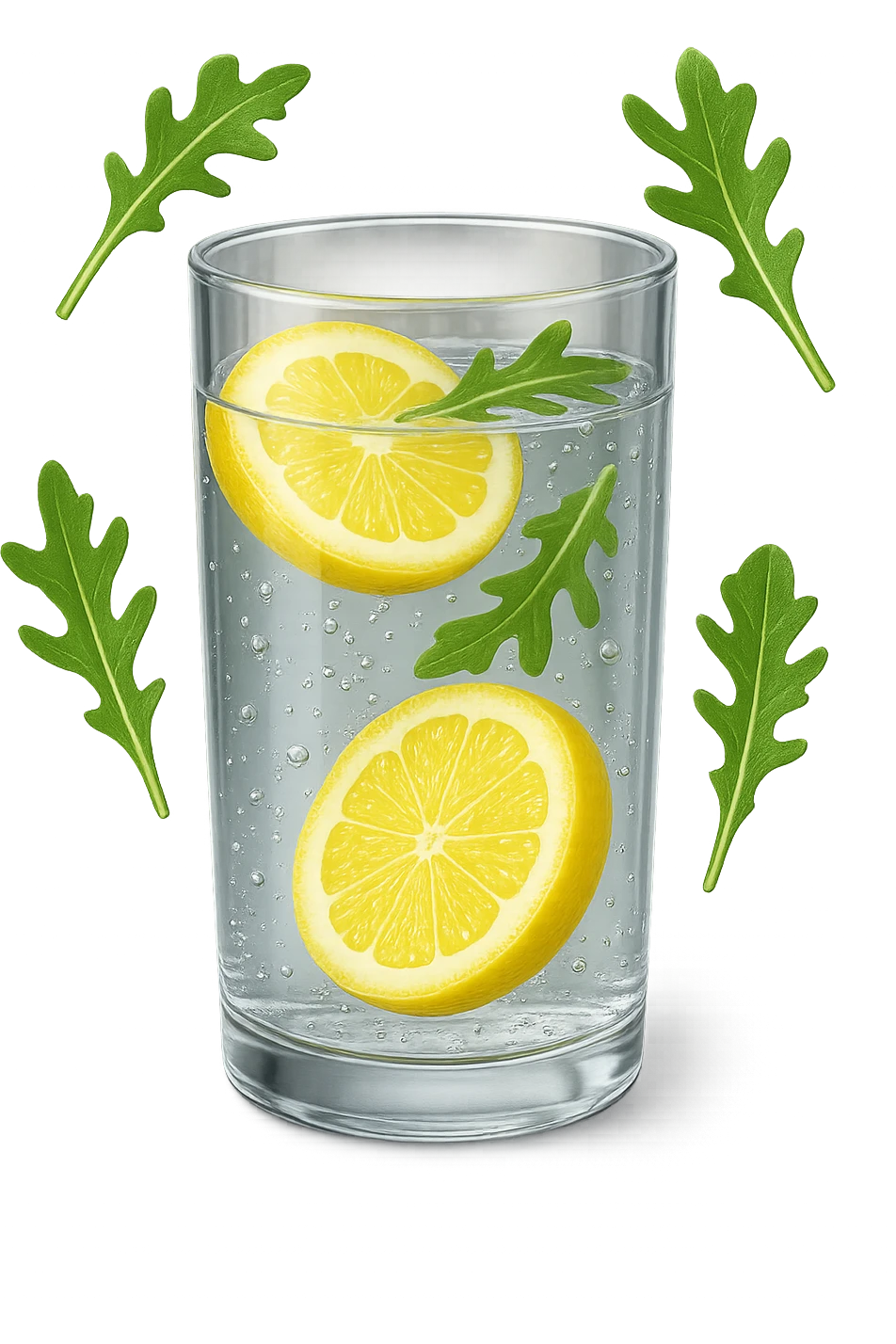 emoji stile iphone 3d di un bicchiere di acqua con limone e qualche foglia di rucola che fluttua intorno in aria, iperrealistico 4k emoji