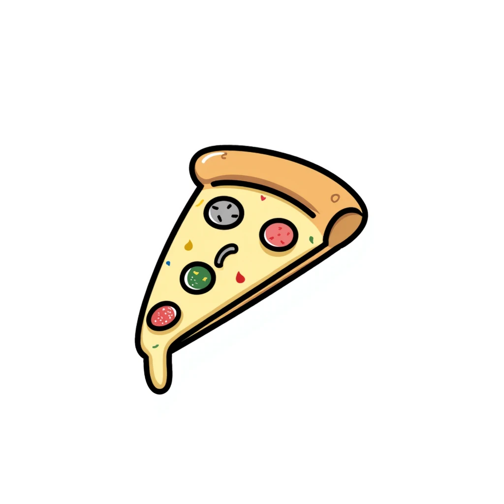 a slice of pizza with toppings in pastel colors dd9fb0, ffc6d3, a3bfc9, c4bee2, f1b091, hand-drawn doodle style emoji