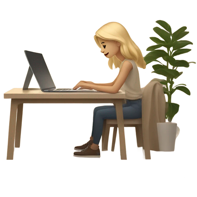 A blonde girl working on her laptop in a beige aesthetic setting. The scene features soft, warm tones with minimalist decor, such as a neutral beige desk, a simple coffee cup, and subtle lighting that complements the calming and modern atmosphere. emoji