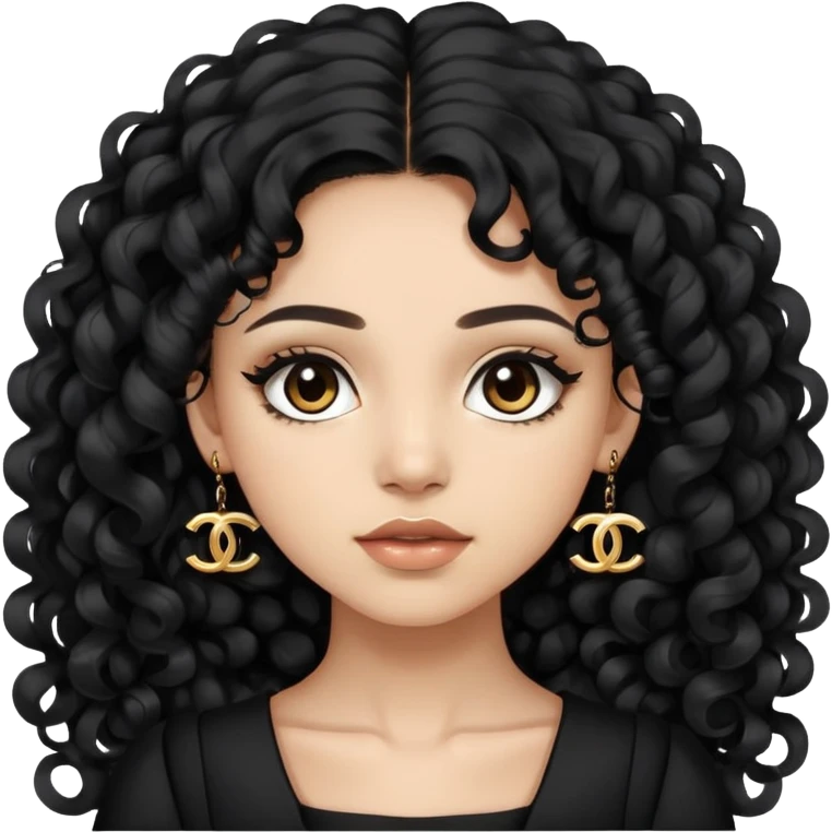 light skin girl with very long black curly hair, brown eyes, wearing a black Chanel dress emoji