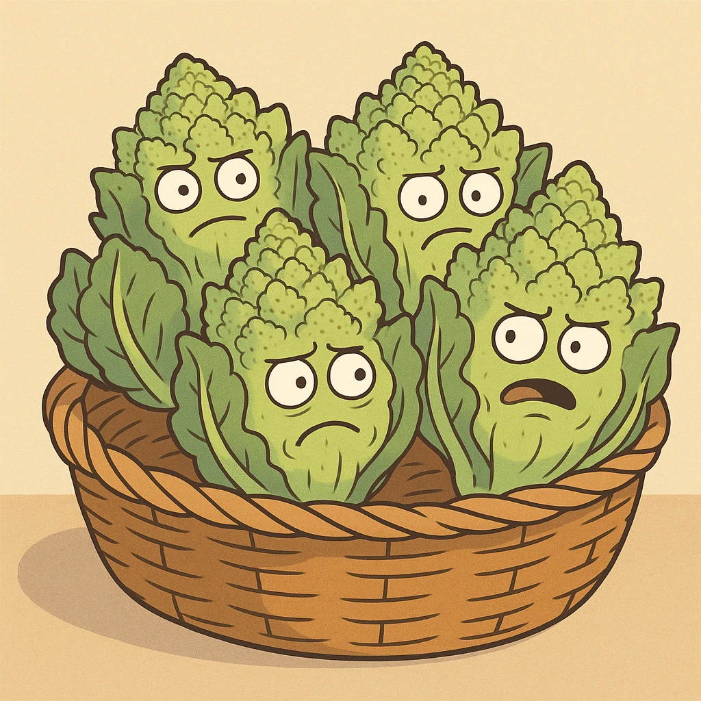 a bunch of Romanesco broccoli heads in a basket, simple style emoji