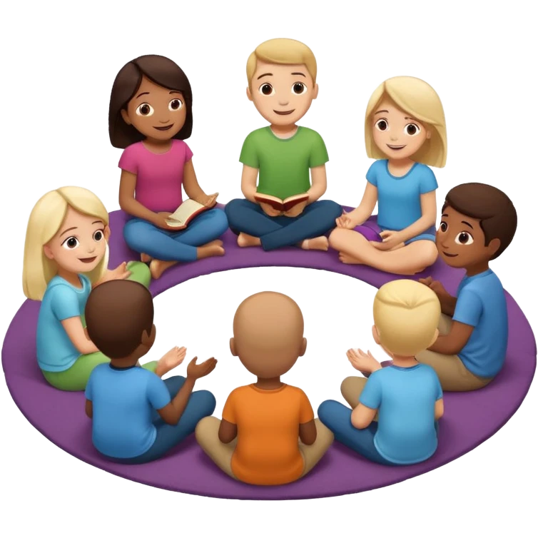 создай стикер где ребята сидят и обсуждают на утреннем круге какую то историю поддерживающая атвосверав, ребята сидят в полукруге на коврике и на мягких мешках emoji