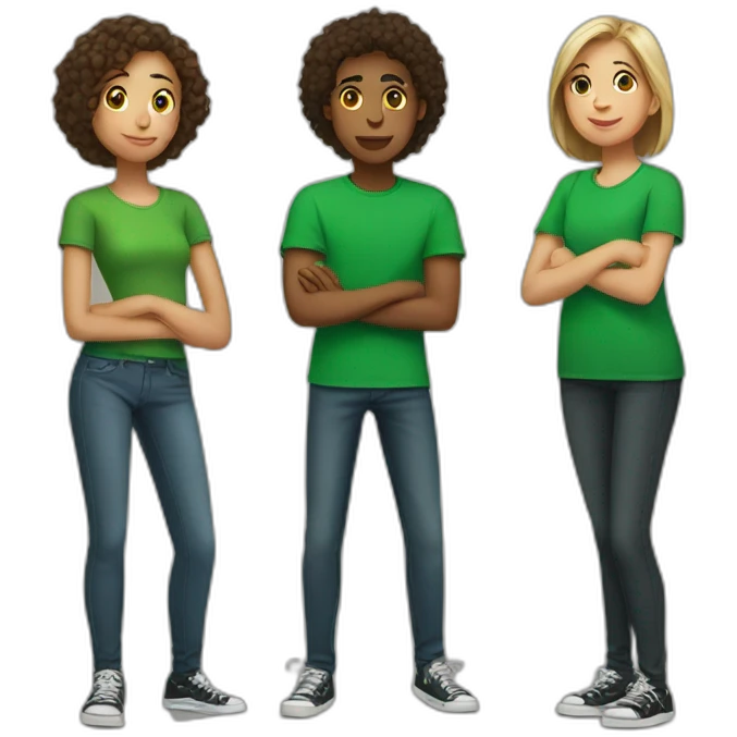 4 teenagers standing wearing a green tshirt emoji