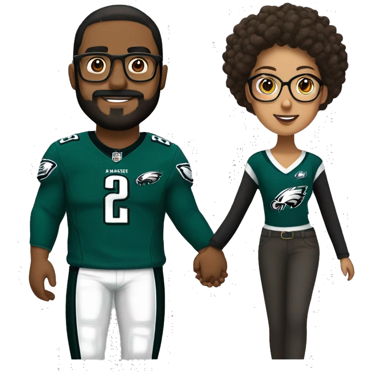 Brown guy with beard mustache and brown girl with glasses and hair in a bun in Philadelphia eagles clothes holding hands emoji