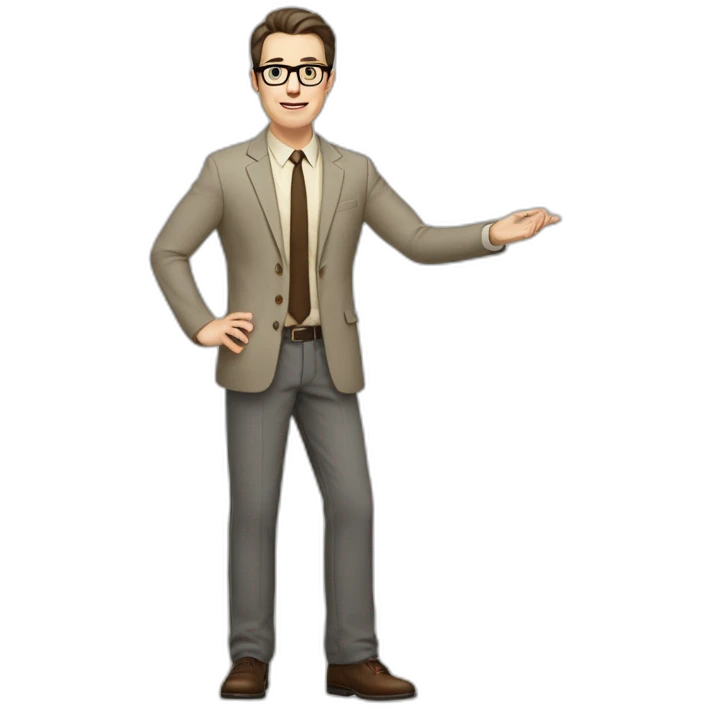 Full height Actively Gesturing Pale skinned fit man with dark brown hair in gray jacket, beige office shirt, brown tie, brown pants and vintage glasses. emoji