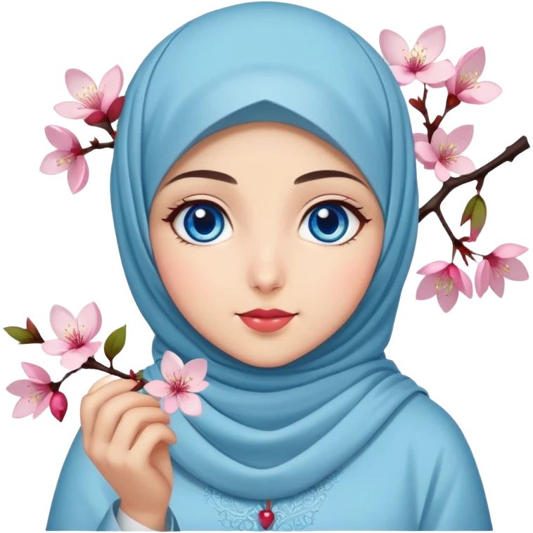 Turkish beautiful finish Konya girl blue eyes with hijab islamic dress and had on her hand cherry blossom emoji