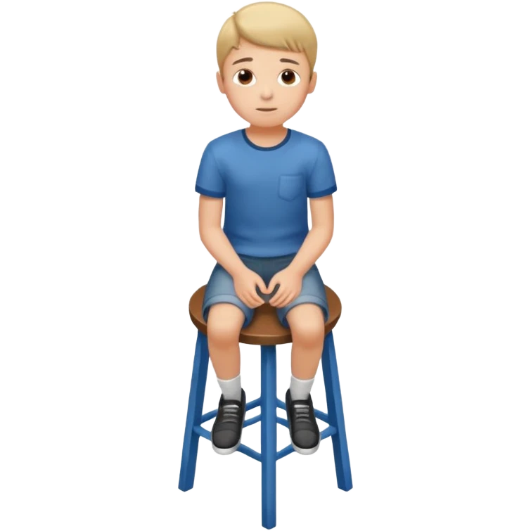Generate a photorealistic image of a boy sitting on a stool. The scene is captured from a top-down perspective (bird's-eye view), looking directly down from above his head towards his feet. The background should be simple and clean. emoji