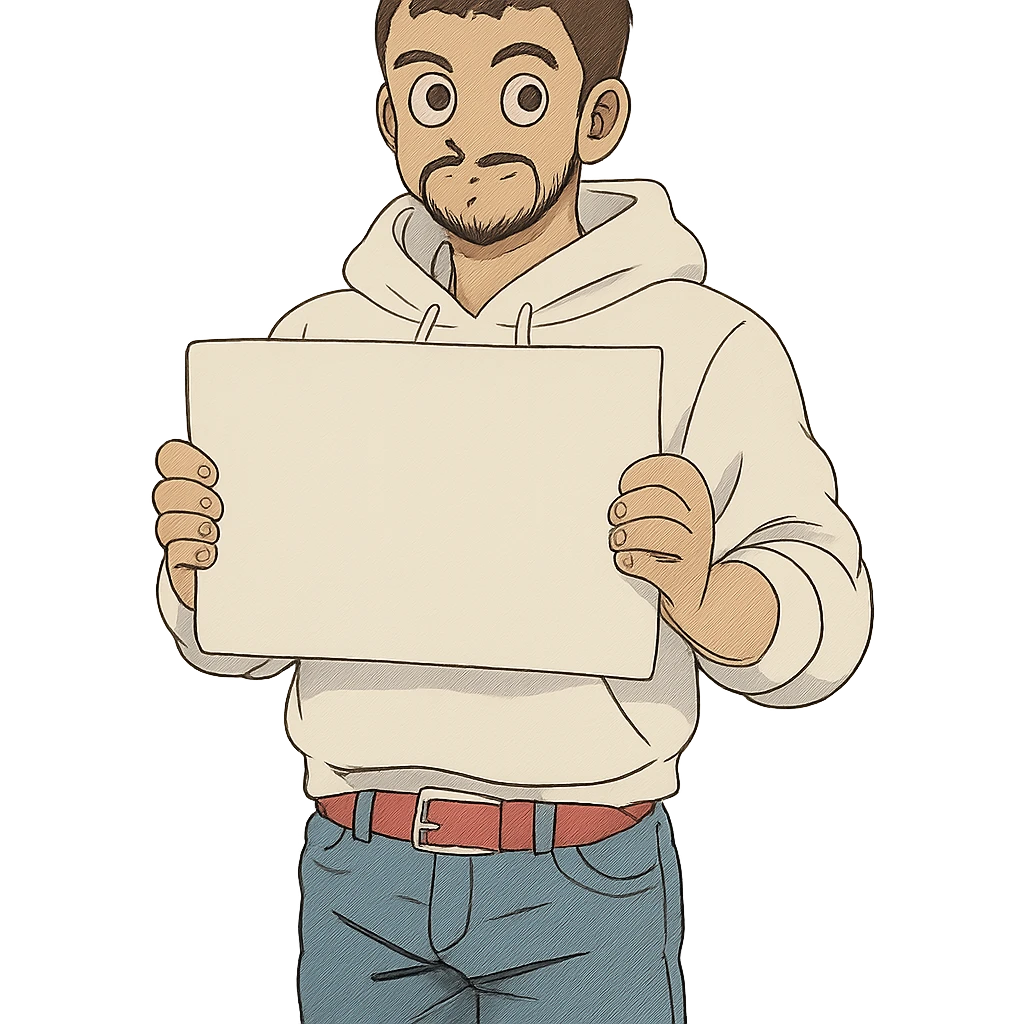 1 male, mid fade haircut dark chestnut brown curly hair, toasted lightskin, white hoodie sleeves up, fashion jeans, red fashion-sneakers shoes, red belt, short trimmed beard and goatee,  style of deku from "my hero academia", pose: holding a blank poster chest level, the image is framed from the waist to above the top of the head emoji