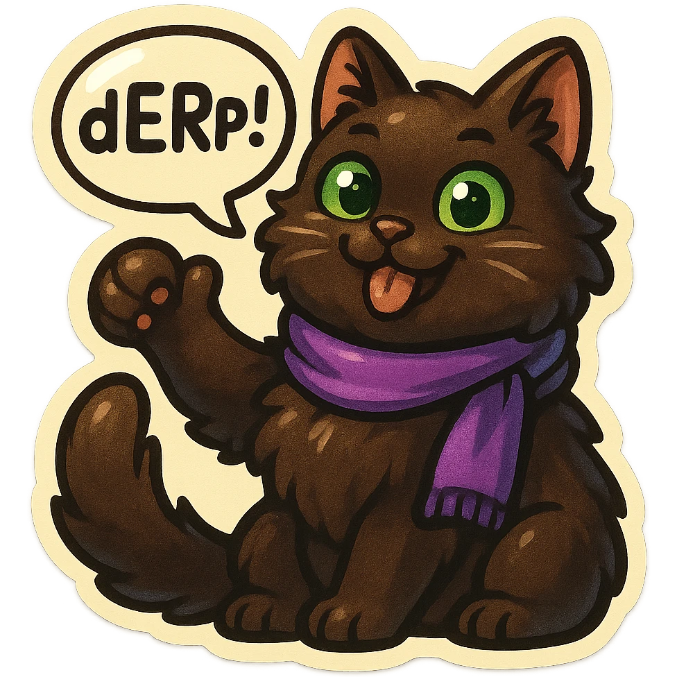 Fluffy cute playful silly smiling happy dark-brown cat with green eyes and a purple scarf saying ‘dErP~!’ (With a speech bubble) emoji
