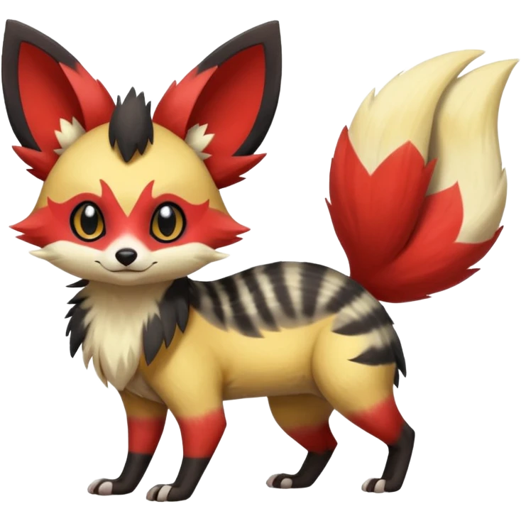 Rare realistic cool cute epic aesthetic colorful Fennekin-Zorua-Civet-Genet-species-Fakemon-hybrid-creature, with markings, full body emoji