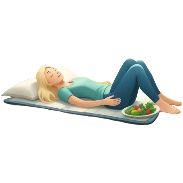 A glowing person stands in morning sunlight, breathing deeply on fresh grass. At their feet: a plate of whole foods, a water bottle, and supplements. Nearby, friends laugh under a tree, and a cozy bed glows in the background—symbolizing sleep, movement, nutrients, connection, and light. emoji