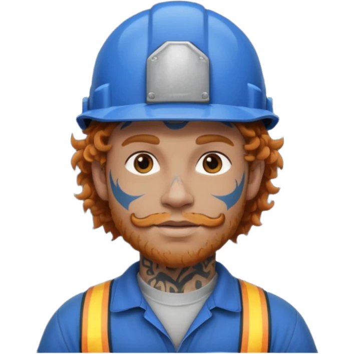 construction worker man ginger curly hair, blue helmet, very heavy dark face tattoo emoji
