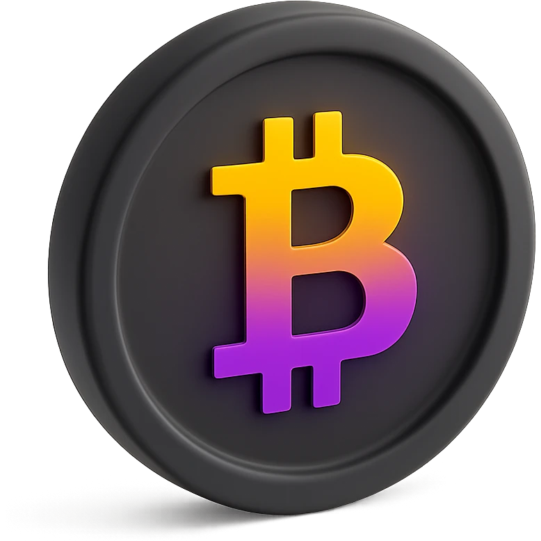 3D black style Bitcoin coin with a bold Bitcoin symbol, yellow-orange-purple-violet gradient emoji