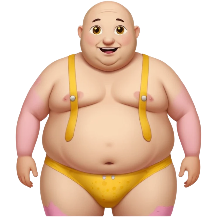 Old really fat and bald. This huge belly and really round pink nipples. has big ears and 2 long beaver like big yellow brown buck teeth. he has white saggy underwear with holes and yellow pee stains in front of underwear.   emoji