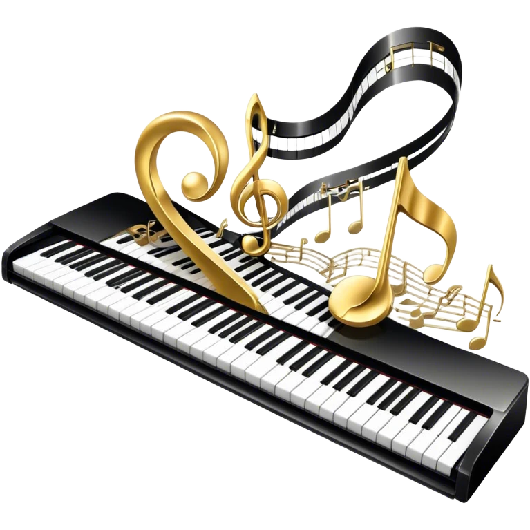 Create a detailed and elegant emoji collage representing keyboard instruments in a celebratory and professional style, reminiscent of a coat of arms. The design should feature a central arrangement of black and white piano keys, forming a symmetrical, powerful image. Around the keys, include a flowing ribbon of musical notes that intertwines with the keys, creating a sense of movement and harmony. Use gold and silver accents to highlight the keys and musical notes, giving the design a festive, high-quality appearance. The design should convey professionalism, elegance, and a sense of occasion. Add subtle reflections on the piano keys to enhance the polished look. The background should be transparent. emoji
