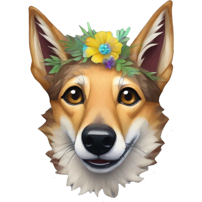  brindle brown black maroon striped lurcher Alsatian fox running blue eyes and iridescent holographic oilslick harness wearing paper iridescent tropical flower crown yellow caution tape emoji
