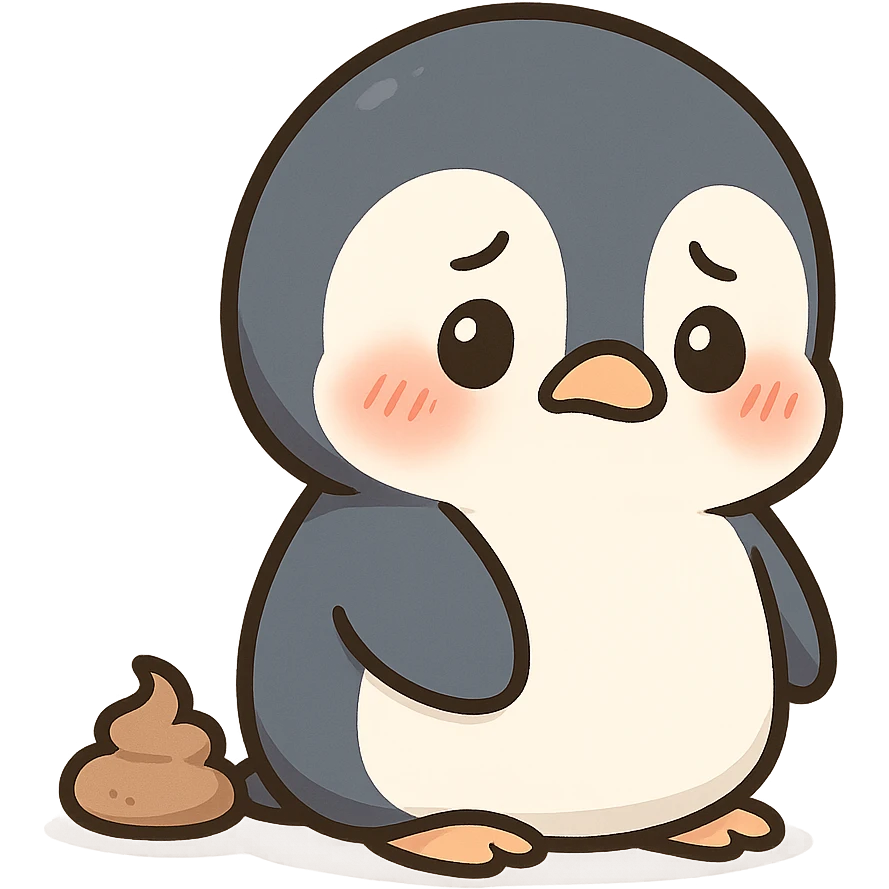 a cute penguin with a little pile behind it, looking embarrassed emoji