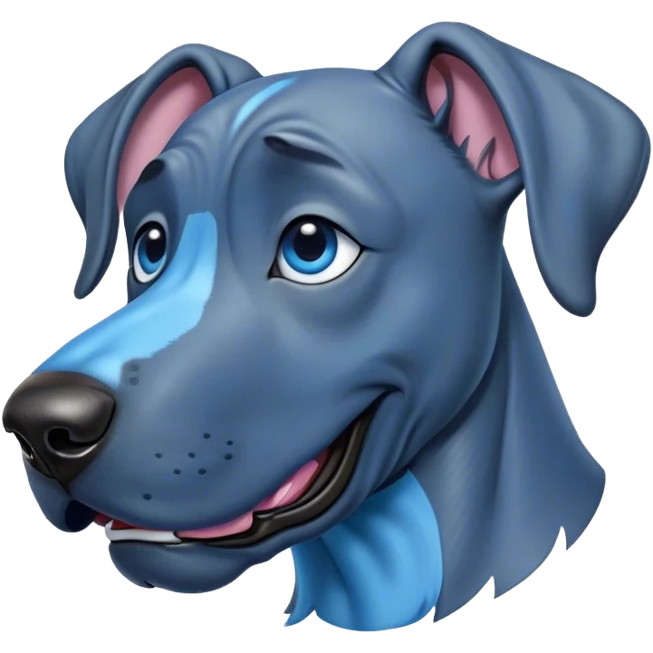 Cinematic Comical Blue Great Dane Portrait Emoji, Head tilted dramatically with an exaggeratedly amused expression, featuring a striking blue Fur with a glossy finish, wide, expressive steel-blue eyes filled with playful disbelief, Simplified yet hilariously expressive features, highly detailed, glowing with a slightly sassy glow, high shine, dramatic yet playful, stylized with an air of cheeky charm, bright and endearing, soft glowing outline, capturing the essence of a spirited and over-the-top guardian, so meme-worthy it feels like it could side-eye its way into internet fame instantly! emoji