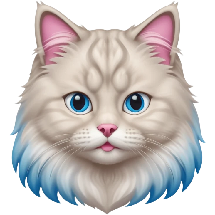 Fluffy Siberian cat face emoji, white and grey long hair, bright blue eyes, pink nose, friendly expression, 3D vector style, isolated on white background. emoji
