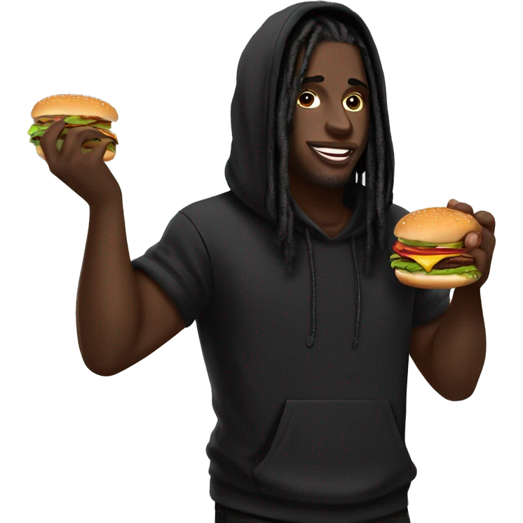 Wearing a black hoodie Dark skin black guy with black dreadlocks and big lips with make up on face eating a burger  emoji