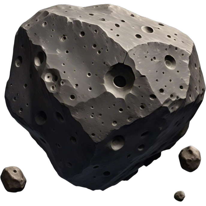  Cinematic Realistic Asteroid – A massive, irregularly shaped rock floating through the void, its cratered and pitted surface showing signs of ancient impacts. The harsh light from a nearby star reveals detailed textures and rugged, jagged edges. emoji